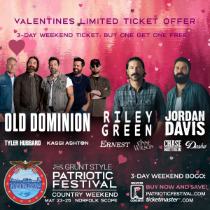 The image is a promotional banner for the "Grunt Style Patriotic Festival: Country Weekend" event, taking place on May 23–25 at the Norfolk Scope. The festival features performances by country music artists Old Dominion, Riley Green, Jordan Davis, Tyler Hubbard, Kassi Ashton, Ernest, Anne Wilson, Chase Matthew, and Dasha. The background has a pink and red gradient with hearts scattered, emphasizing the Valentine's Day theme. A special ticket offer is highlighted: "Valentine's Limited Ticket Offer – 3-Day Weekend Ticket: Buy One Get One Free." The bottom section includes the Patriotic Festival logo, event details, and ticket purchase information at PatrioticFestival.com or Ticketmaster.