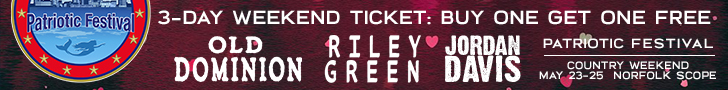 The image is a promotional banner for the "Grunt Style Patriotic Festival: Country Weekend" event, taking place on May 23–25 at the Norfolk Scope. The festival features performances by country music artists Old Dominion, Riley Green, Jordan Davis, Tyler Hubbard, Kassi Ashton, Ernest, Anne Wilson, Chase Matthew, and Dasha. The background has a pink and red gradient with hearts scattered, emphasizing the Valentine's Day theme. A special ticket offer is highlighted: "Valentine's Limited Ticket Offer – 3-Day Weekend Ticket: Buy One Get One Free."